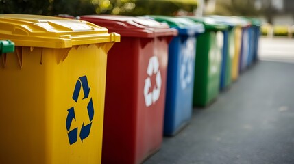 A community recycling center with bins for plastic, metal, and paper waste