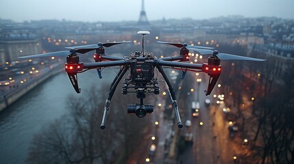 A drone flies over Paris at dusk, with the Eiffel Tower in the background.
