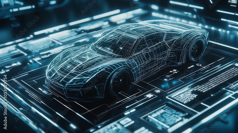 Poster a futuristic, wireframe car model is displayed on a digital interface, showcasing advanced technolog