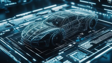 A futuristic, wireframe car model is displayed on a digital interface, showcasing advanced technology and automotive design.