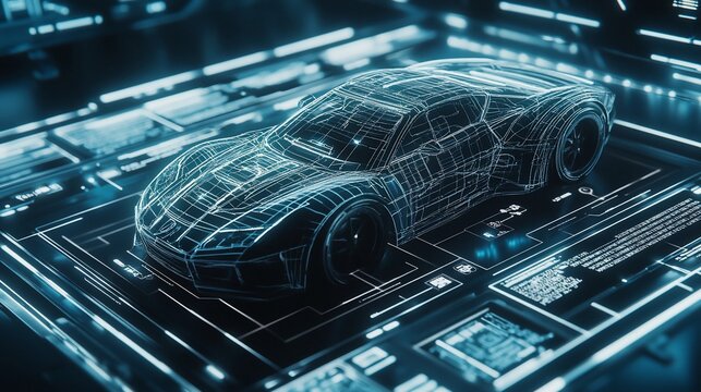 A futuristic, wireframe car model is displayed on a digital interface, showcasing advanced technology and automotive design.