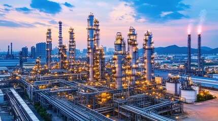 Industrial Refinery Complex at Sunset with Pipes and Towers