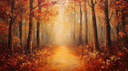 Fototapeta premium Autumn Forest - A pathway through a forest with golden and red autumn leaves