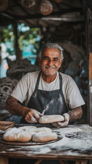 Baker holding a freshly baked loaf of bread, shelves full of different types of bread in the background, traditional bakery setting. Concept: Baker's Day