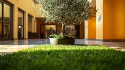 Fototapeta premium A small garden with vibrant grass and an olive tree at the center, bringing warmth and elegance to a spacious hotel lobby. Open area at the top for branding or text.