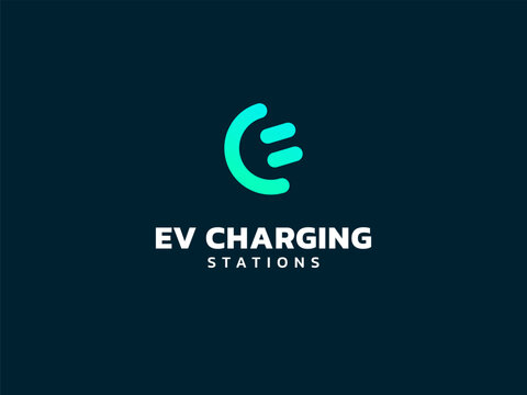 Electric vehicle charging letter E with EV Plug Connector Symbol logo vector design concept. Letter E logotype symbol for Electric Car, EV station, ui, web, ev business, infographic, new technology.