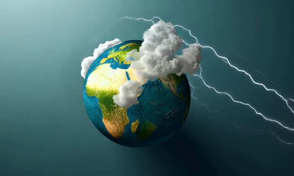 3D illustration of Earth with clouds and lightning on a green background, presented flat. Stock photo contest winner in the style of simple vector art with a solid black color background and simple sh