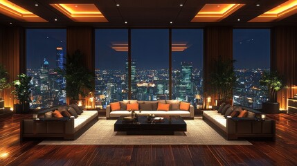 Fototapeta premium Luxurious modern living room with city skyline view at night.