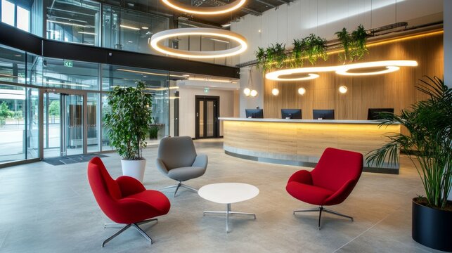A stylish reception area with flexible seating arrangements and statement lighting, ideal for a multifunctional building. Room on the right for branding or captions.