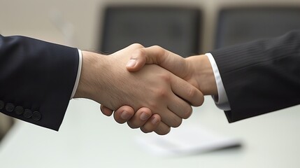 Two people shaking hands in a business meeting.