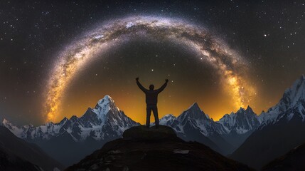 Fototapeta premium Arched Milky Way and happy man on the mountain at night. Silhouette of guy with raised up arm on the hill, sky with stars, yellow light in Nepal. Galaxy. Space landscape with milky way arch. Travel.