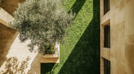 A top-down view of an olive tree garden set within a luxury hotel lobby, with neat grass adding a natural touch. Room on the top for text or branding