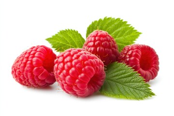 Fresh Raspberries with Leaves on White Background.