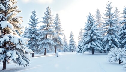 A peaceful winter landscape with snow-covered pine trees, a gentle snowfall, and a light blue sky.