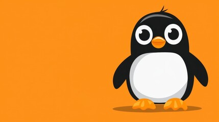 Obraz premium Adorable penguin cartoon with wide eyes and a playful stance on an orange backdrop, ideal for children content