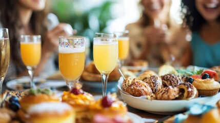 Obraz premium A birthday brunch with colorful pastries, mimosas, and guests chatting happily.