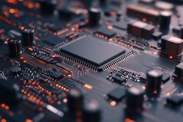 Close up of electronic board with processors and semiconductors.