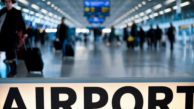 A bustling airport scene with a prominent illuminated sign reading "AIRPORT."