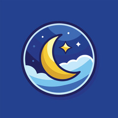 Obraz premium A crescent moon with a star and clouds, a cute nighttime scene.