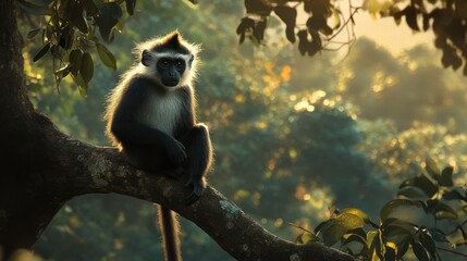 Obraz premium Dusky Langur perched on a tree, soft morning light highlighting its dark fur and white patches.