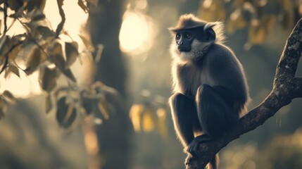 Obraz premium Dusky Langur perched on a tree, soft morning light highlighting its dark fur and white patches.