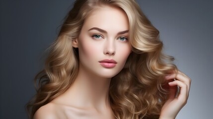 Fototapeta premium Captivating Blonde Beauty with Elegant Wavy Hairstyle on White Background