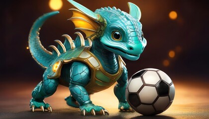 A cute, turquoise dragon-like creature playing with a soccer ball, showcasing a blend of fantasy and sports.