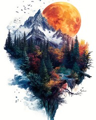 Majestic mountains and enchanted forests under a fiery moonlight