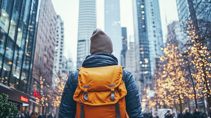 Obraz premium Rear view of a male traveler with backpack exploring the city in winter evening lights among tall skyscrapers
