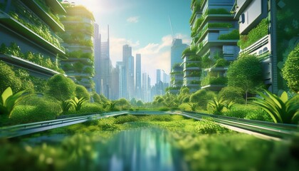 Obraz premium A futuristic cityscape blending nature with modern architecture, featuring lush greenery, waterways, and skyscrapers under a bright sky.