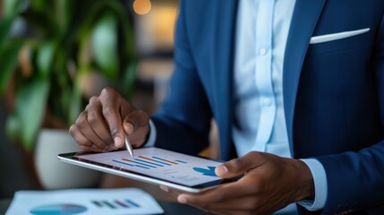 A businessman reviewing investment opportunities, using a tablet to analyze