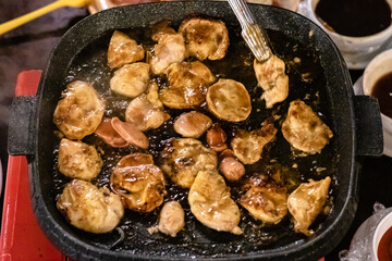 Close up of Beef steak frying in restaurant.