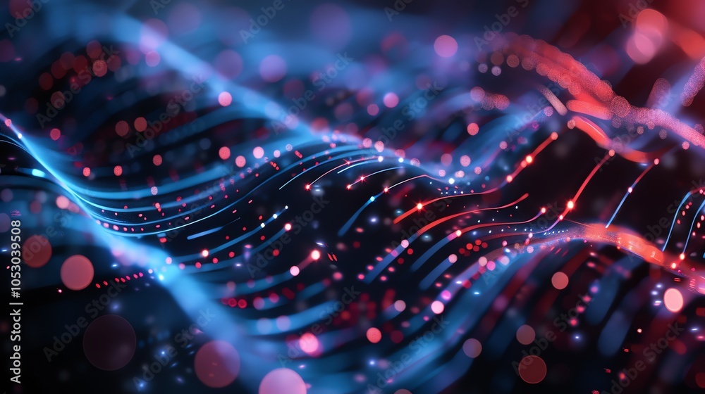 Poster an abstract background with blue and red glowing lines and particles.
