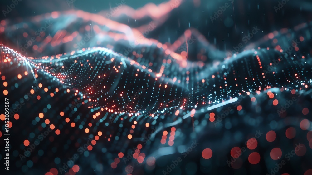 Poster abstract 3d render of a field of glowing particles that forms waves.