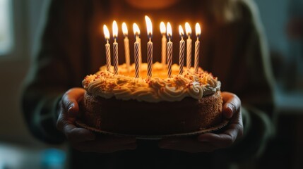 A close-up of hands holding a birthday cake with lit candles, ready to be presented to the