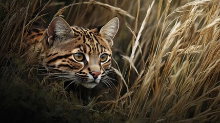 Leopard Cat stalking through tall grass, spots and stripes blending into the environment.