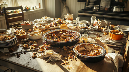 Messy Holiday Dinner Aftermath Featuring a Roasted Turkey Surrounded by Leftovers and Cluttered Tableware - Image made using Generative AI