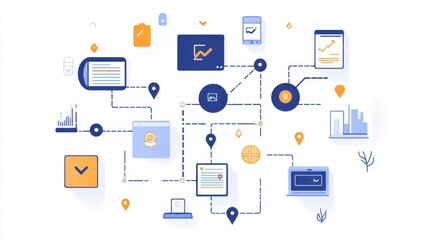Fototapeta premium A coding process visualized as a journey, with steps represented by icons for planning,