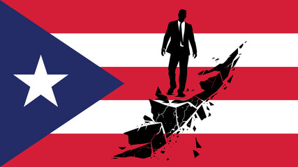 A Businessman Walking on a Crumbling Path on a Puerto Rican Flag