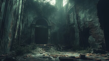A Sunbeam Illuminates the Interior of a Crumbling, Overgrown Building