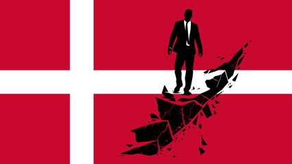 A Businessman Walking on a Crumbling Path on a Denmark Flag