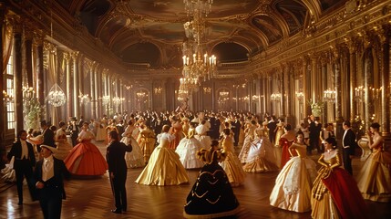 A lavish ballroom with many people in period dress dancing.