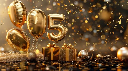 New Year&rsquo;s Elegance: A Festive Display of Golden Balloons, Gifts, and Confetti for 2025