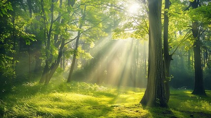 Obraz premium Sunbeams shining through the trees in a misty forest.