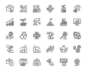 Simple investment outline icon set related thing such business, trading, bitcoin, benefit concept, 64x64 pixel perfect icon editable stroke transparent background for media, website, ux,ui design