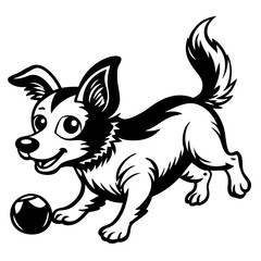 Little dog playing with a ball line art on a white background
