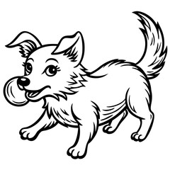 Little dog playing with a ball line art on a white background