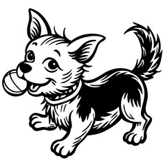 Little dog playing with a ball line art on a white background