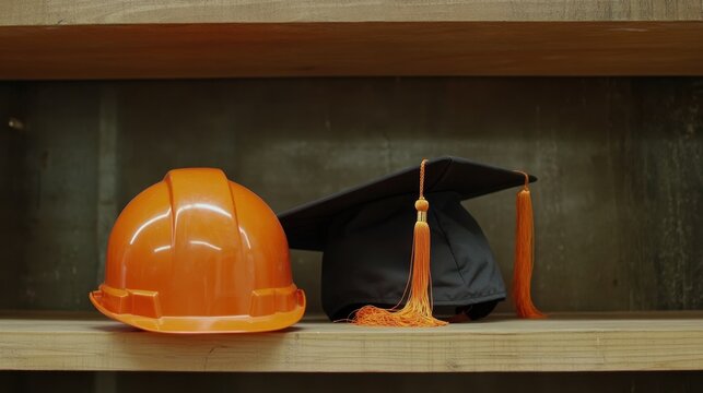 Graduate cap placed next to construction helmet, signifying transition from education to engineering profession