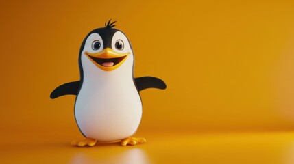 Naklejka premium Happy penguin cartoon against a vibrant orange background, playful and cute, designed for light-hearted themes